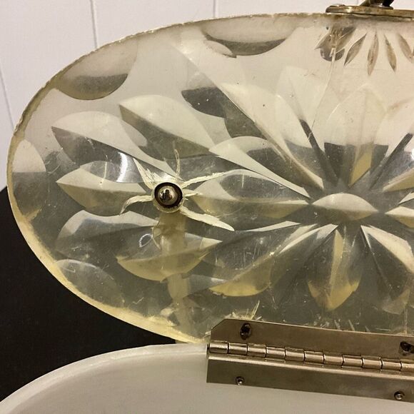 Vintage 1950s Lucite Marbleized Pearl Top Handle Purse Round Box Makeup Containe - Picture 11 of 14